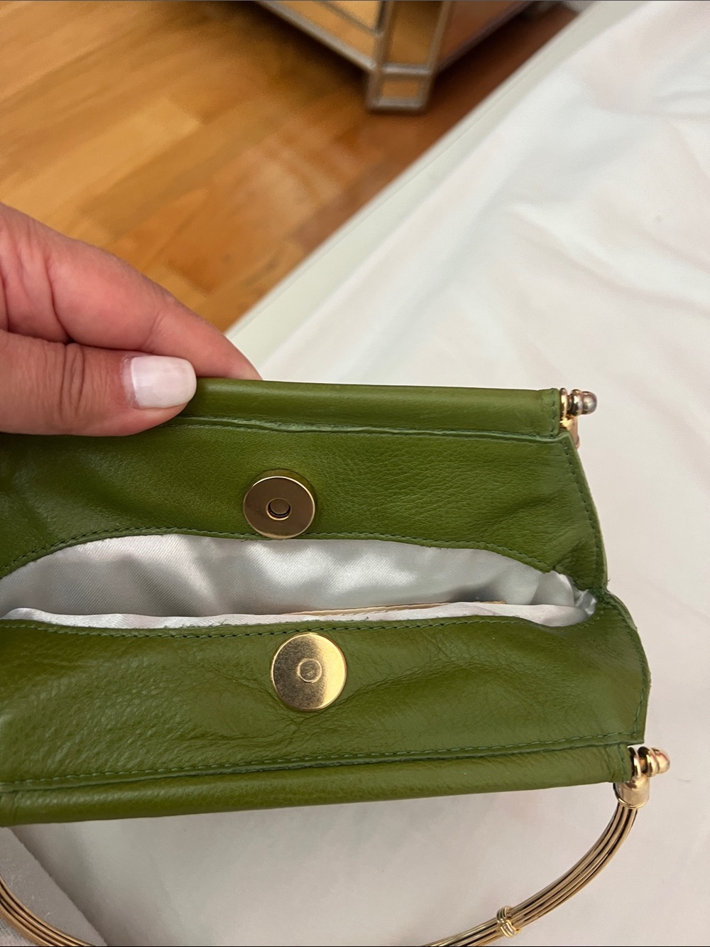 Olive Green Mini Leather Bag with Gold Accents - Picture 3 of 10